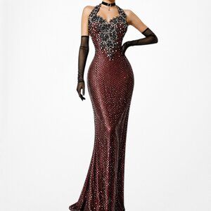 Vintage Y2K 90s Brown Floral Beaded Halter Bodycon Maxi Prom Dress Size XS/S